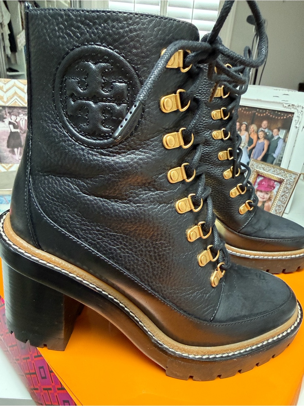 Tory Burch Black Leather Lace-Up Lug Heel Boots with Gold Hardware